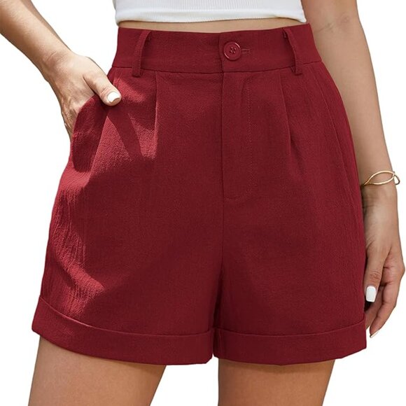Womens Summer High Waist Linen Shorts Roll Up Pleated Zippered - Main Image